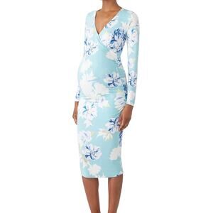 Yumi Kim Maternity Floral Wrap Midi Dress Size Large Blue Mama Brunch Romantic
